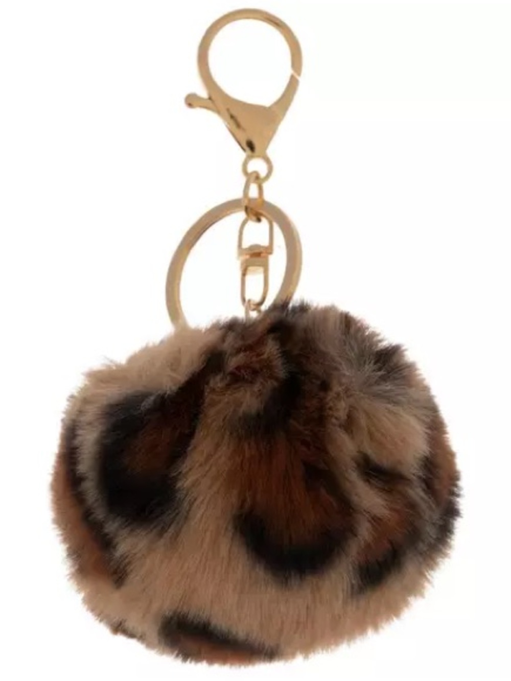 New Poofy Leopard Print Faux Fur Pom Pom Keychain with Gold Hardware Bag Charm